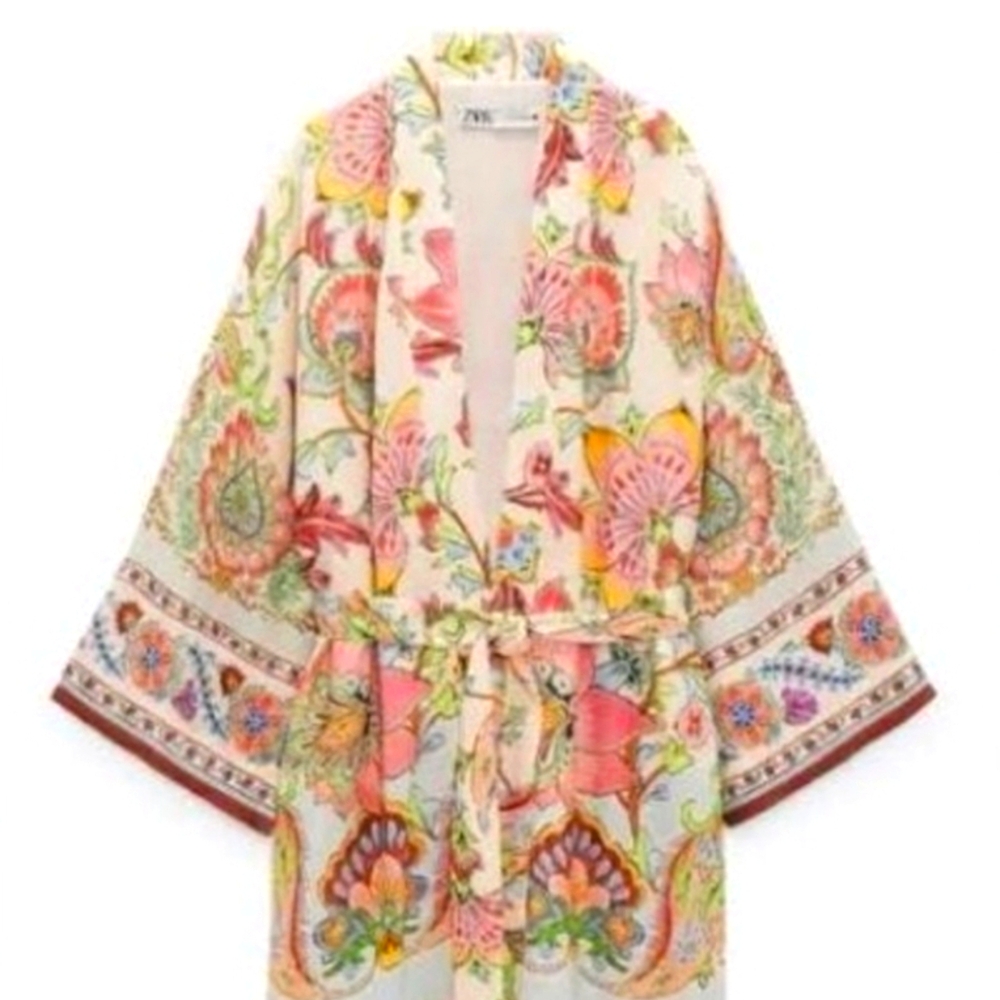 Zara Floral Cream Kimono with Pink, Yellow, Green Accents